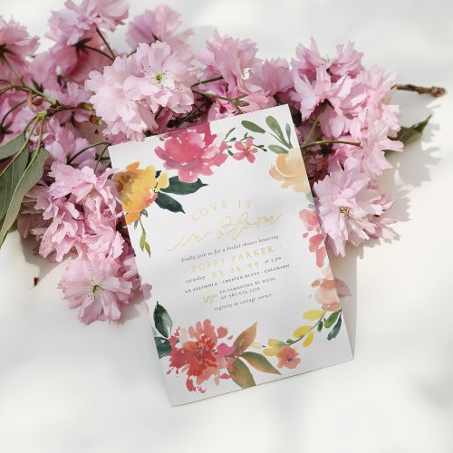 Love Is In Bloom Spring Flowers Gold Bridal Shower Foil Invitation