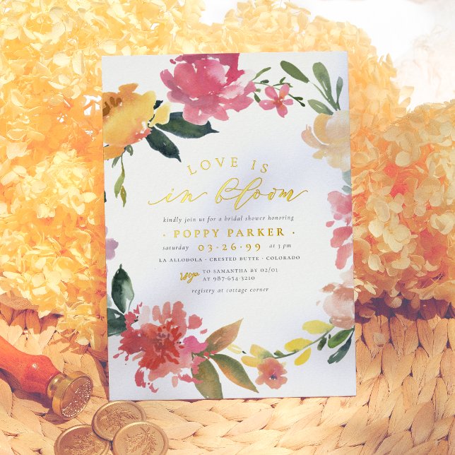 Love Is In Bloom Spring Flowers Gold Bridal Shower Foil Invitation (Creator Uploaded)