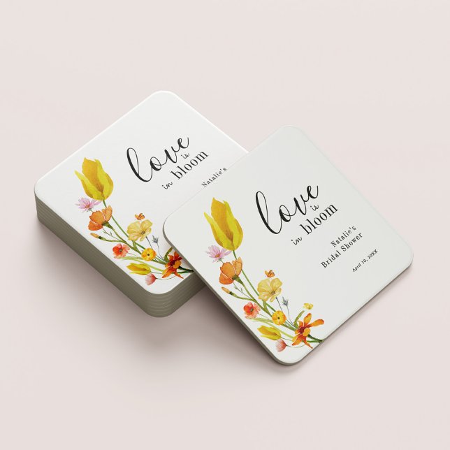 Love is in Bloom Spring Wildflower Bridal Shower Square Paper Coaster (Creator Uploaded)