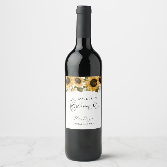 Love is in Bloom Sunflower Bridal Shower Wine Label (Front)