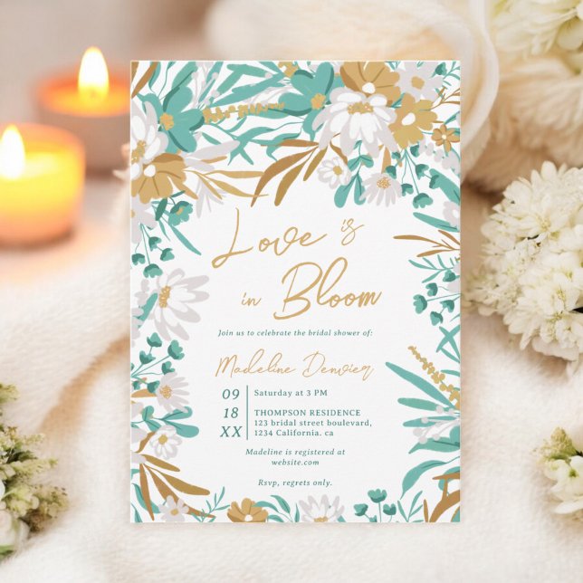 Love is in bloom Teal Gold Floral Bridal Shower Invitation (Love is in bloom Teal Gold Floral Bridal Shower Invitation)