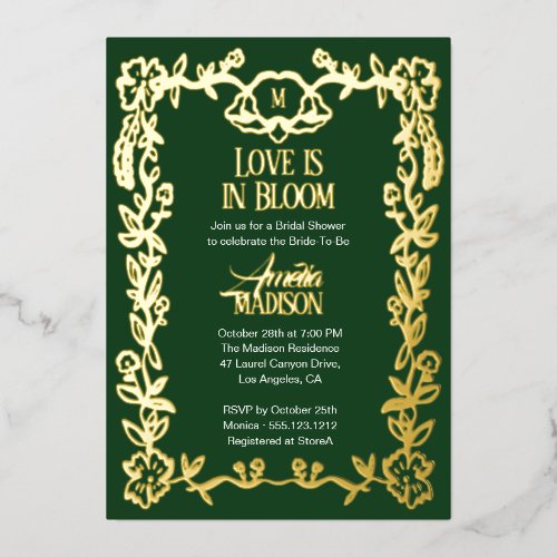 Love is in Bloom Vintage Floral Bridal Shower Foil Invitation