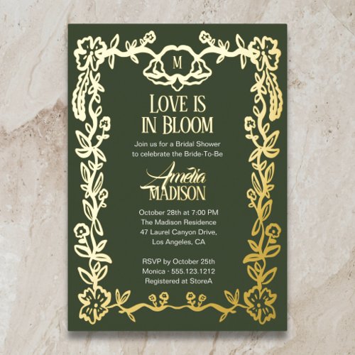 Love is in Bloom Vintage Floral Bridal Shower Foil Invitation