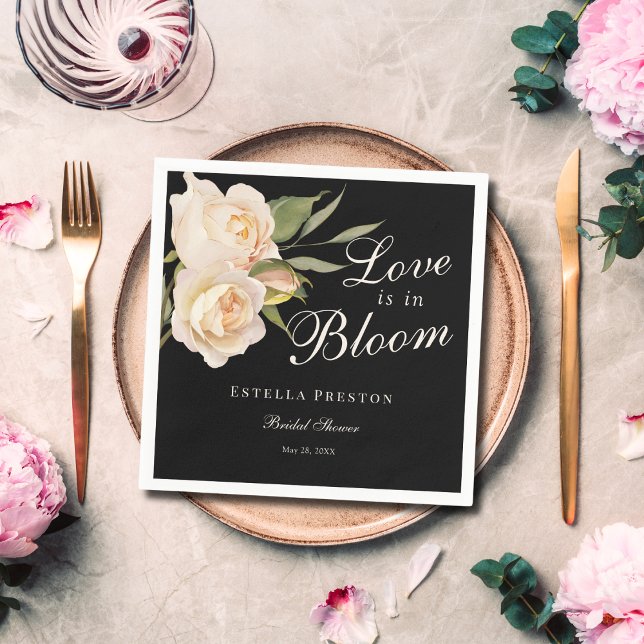 Love is in Bloom White Roses Black Bridal Shower Napkins (Creator Uploaded)