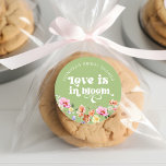 Love is in bloom wildflower bridal shower classic round sticker<br><div class="desc">Love is in bloom wildflower bridal shower Classic Round Sticker 
Matching items available.</div>