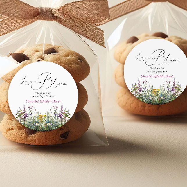 Love is in Bloom Wildflower Floral Bridal Shower Classic Round Sticker (Creator Uploaded)