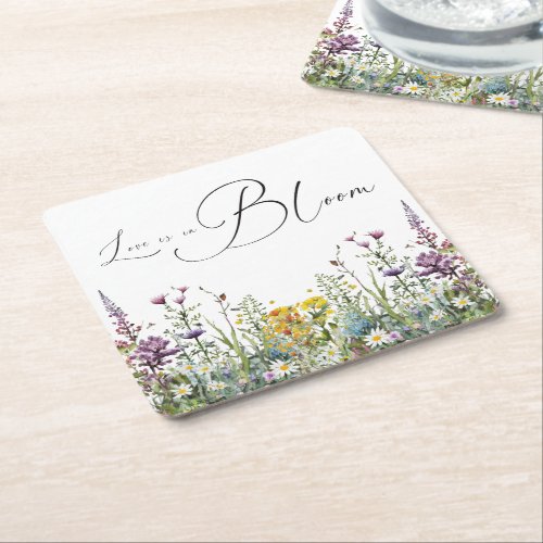 Love is in Bloom Wildflower Floral Bridal Shower Square Paper Coaster