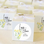 Love is in Bloom Wildflower Meadow Bridal Shower Classic Round Sticker<br><div class="desc">Love is in Bloom bridal shower label ready for you to personalize. The design has pretty country wildflowers in watercolor, including daisy buttercup and yellow wild flowers. It is hand lettered in casual elegant with Love is in Bloom and the template is set up for you to customize. A trendy...</div>