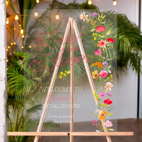 Love is in bloom wildflowers floral bridal welcome acrylic sign