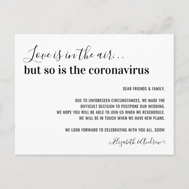 Love is in the Air Covid19 Wedding Postponement Announcement Postcard (Front)
