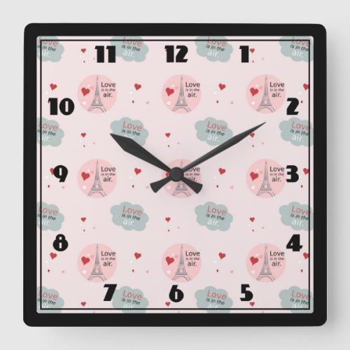 Love is in the air eiffel tower and hearts pattern square wall clock