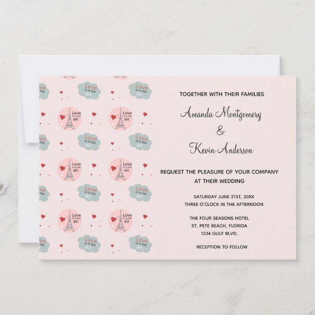 Love is in the air Eiffel tower and Hearts Wedding Invitation (Front)