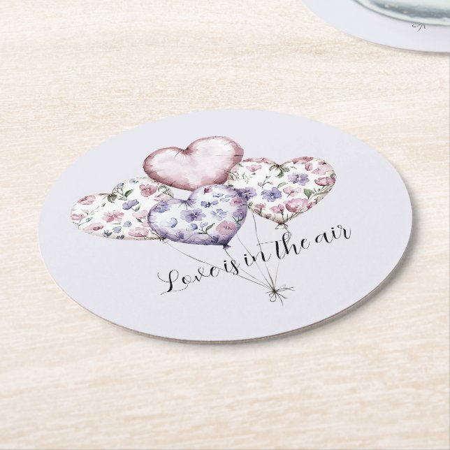 Love is in the air Heart Balloons Bridal Shower Round Paper Coaster (Angled)