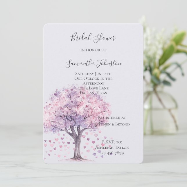 Love is in the air Lavender Hearts Bridal Shower Invitation (Standing Front)