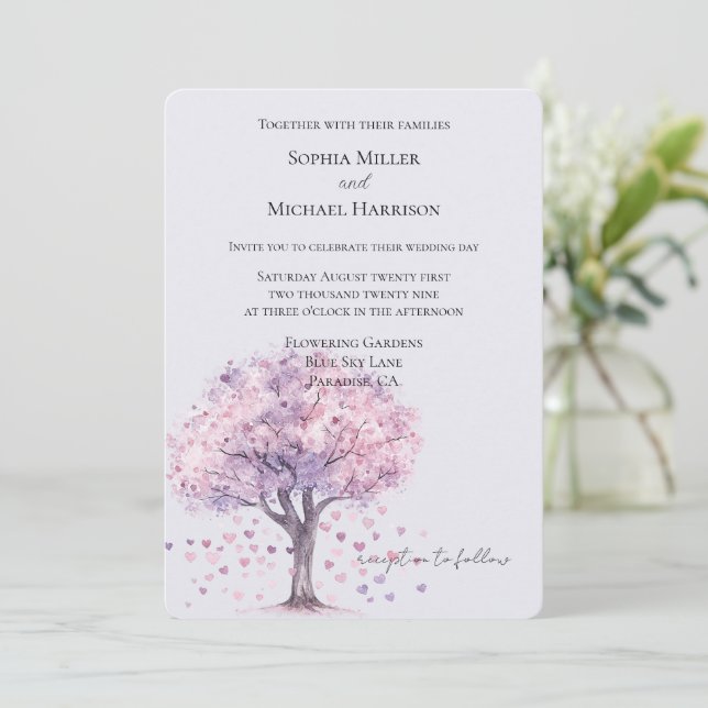 Love is in the air Lavender Hearts Tree Wedding Invitation (Standing Front)