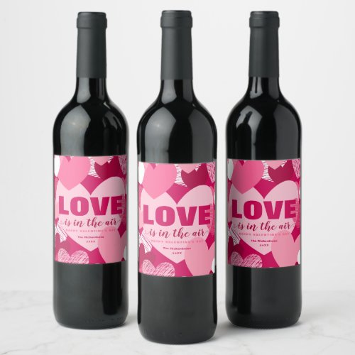 Love Is In The Air Pink Heart Romantic Custom Name Wine Label