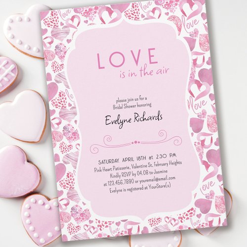 Love is in the Air Pink Love Heart Bridal Shower Invitation