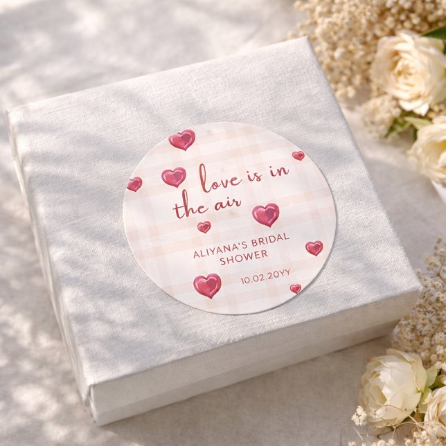 Love Is In The Air Red Hearts Bridal Shower  Classic Round Sticker (Creator Uploaded)