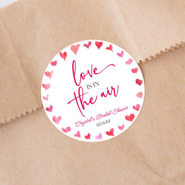 Love Is In The Air Red Pink Hearts Bridal Shower Classic Round Sticker (Creator Uploaded)