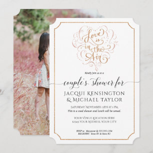 Love is in the Air Rose Gold Script Couples Photo Invitation