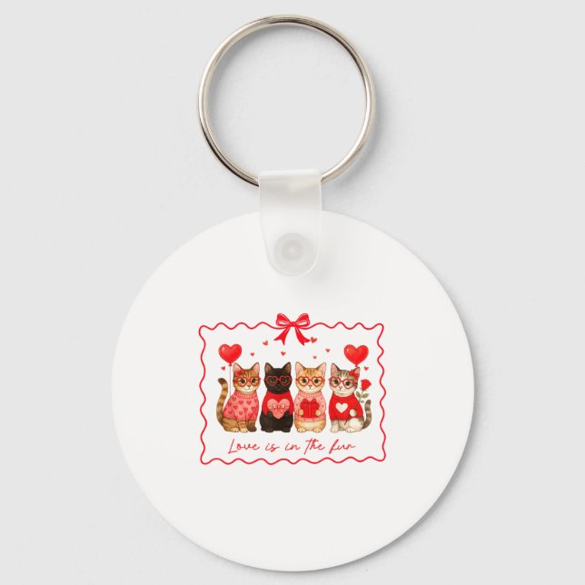 Love Is In The Fur Cat Lovers Valentines Cute Cats Keychain (Front)