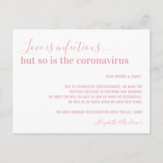 Love is Infectious Blush Pink Wedding Postponement Announcement Postcard (Front)