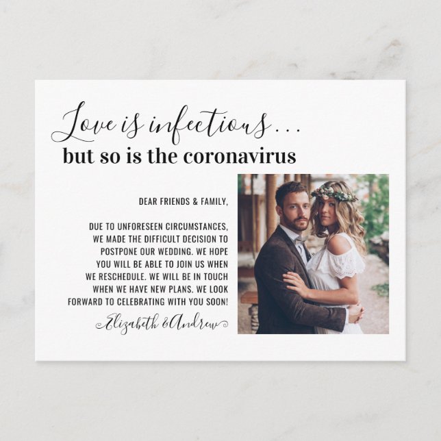 Love is Infectious Covid19 Photo Change the Date Announcement Postcard (Front)