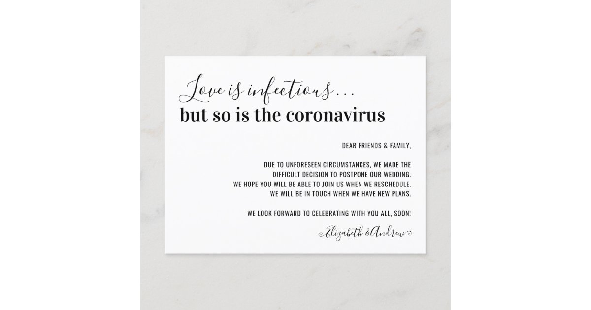 Love is Infectious Covid19 Wedding Postponement Announcement Postcard | Zazzle.com
