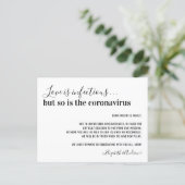 Love is Infectious Covid19 Wedding Postponement Announcement Postcard (Standing Front)