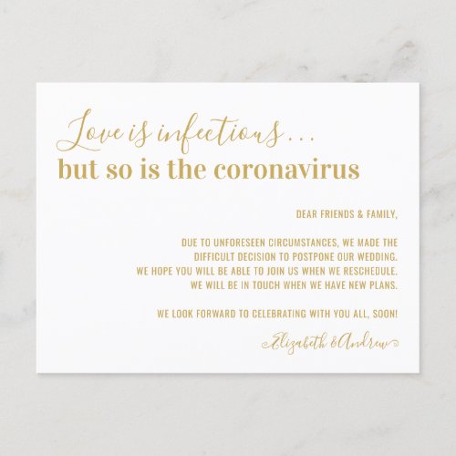 Love is Infectious Gold Wedding Postponement Announcement Postcard