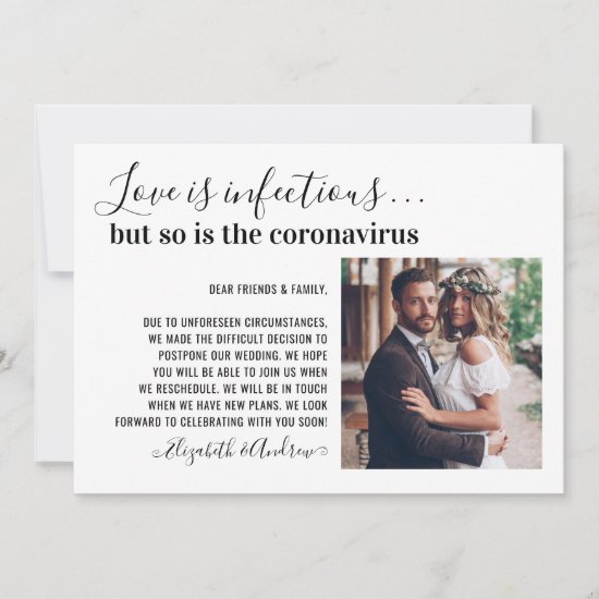 Love is Infectious Photo Change the Date Wedding Announcement