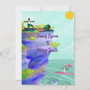 Love is Journey Sunrise Penguin Sea Lion wedding Invitation