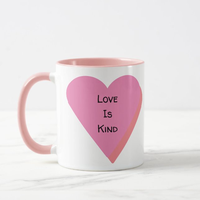 Love Is Kind Quote Pink Hearts Black Monogram Mug (Left)