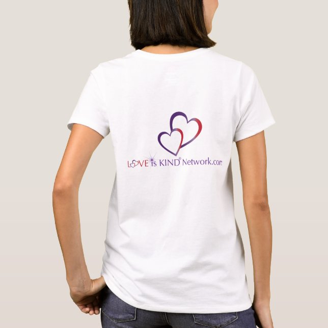 Love is Kind--Red Hearts Purple--White W T-Shirt (Back)