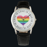 Love is Love Black Rainbow Heart LGBTQ Pride Watch<br><div class="desc">Love is Love. Love has no limits. Celebrate and show your support for the LGBTQ community with this 8-colored rainbow striped heart watch with modern "Love is Love is Love... " black text that frames the design. Includes a clean white background.</div>