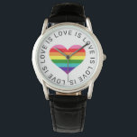 Love is Love Black Rainbow Heart LGBTQ Pride Watch<br><div class="desc">Love is Love. Love has no limits. Celebrate and show your support for the LGBTQ community with this 8-colored rainbow striped heart watch with modern "Love is Love is Love... " black text that frames the design. Includes a clean white background.</div>
