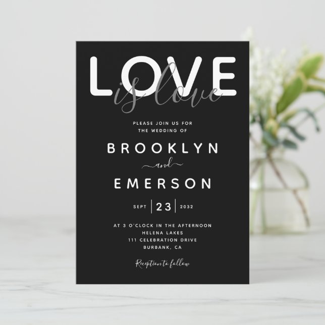 Love is Love Black White Gay Wedding Invitation (Standing Front)