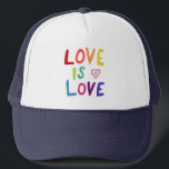 LOVE IS LOVE Colorful Rainbow Pride  Trucker Hat<br><div class="desc">Check out my shop for more pronouns, silly jokes, hiking, camping, vanlife, birds and lots more! You can also find this design on shirts, stickers, mugs, and buttons. Be sure to visit my shop for more designs too. Or if you'd like something custom please let me know. If you buy...</div>