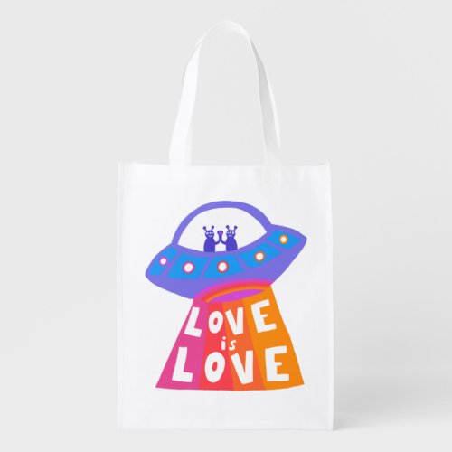 LOVE IS LOVE Cute Aliens UFO Spaceship PRIDE  Grocery Bag
