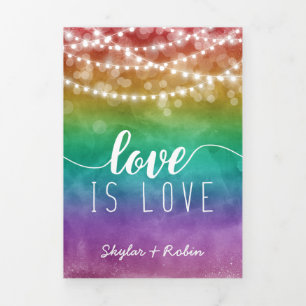 Love is Love Fairylights Rainbow Gay Wedding Tri-Fold Invitation