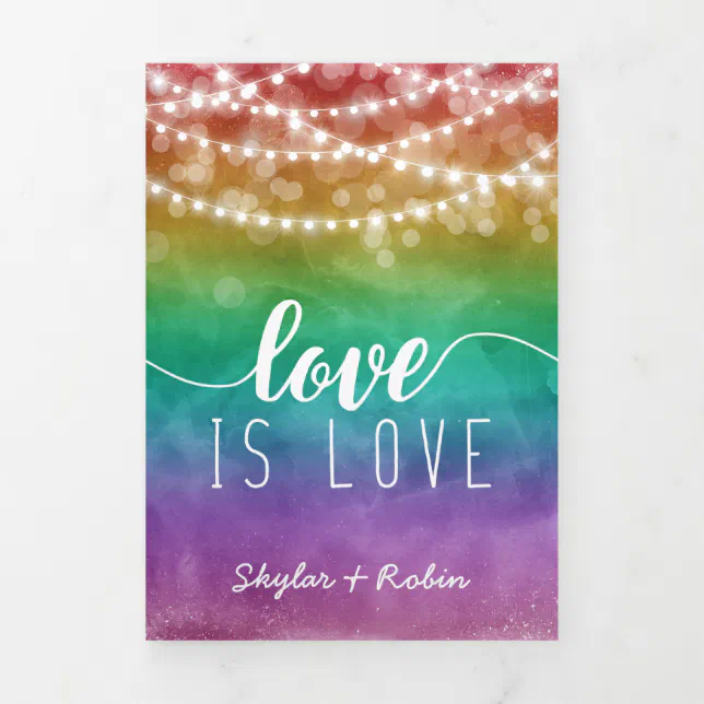 Love Is Love Fairylights Rainbow Gay Wedding Tri-Fold Invitation | Zazzle