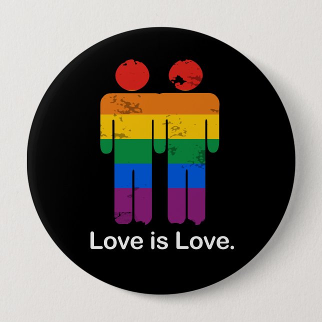 LOVE IS LOVE GAY COUPLE PINBACK BUTTON (Front)