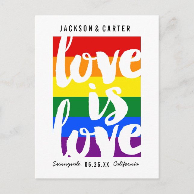 Love is Love Gay Pride Flag Save the Date Announcement Postcard (Front)