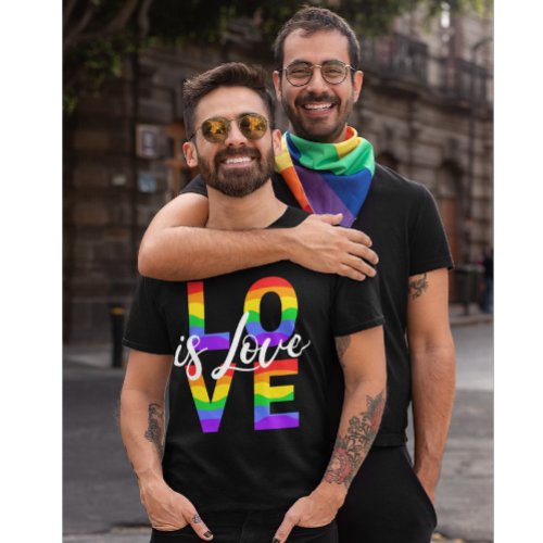 Love is Love Gay Pride Quote Rainbow text Black T_Shirt