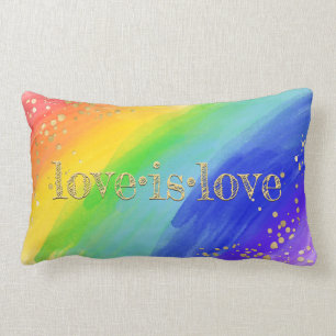 Love is Love Gold Typography Watercolor Rainbow Lumbar Pillow