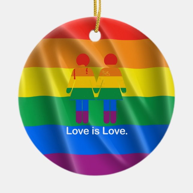 LOVE IS LOVE LESBIAN COUPLE -.png Ceramic Ornament (Front)