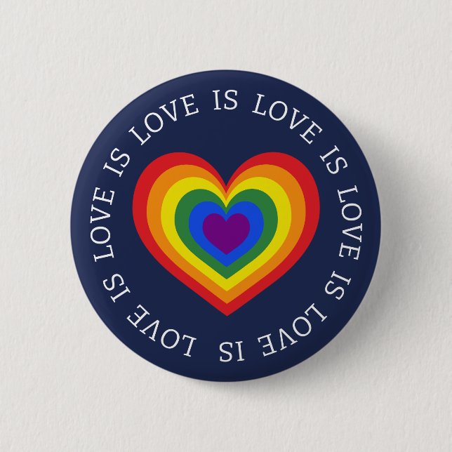 Love is Love LGBTQ Rainbow Heart Navy Blue Button (Front)