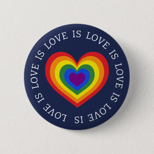 Love is Love LGBTQ Rainbow Heart Navy Blue Button