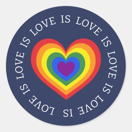 Love is Love LGBTQ Rainbow Heart Navy Blue Classic Round Sticker