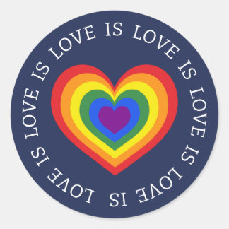Love is Love LGBTQ Rainbow Heart Navy Blue Classic Round Sticker